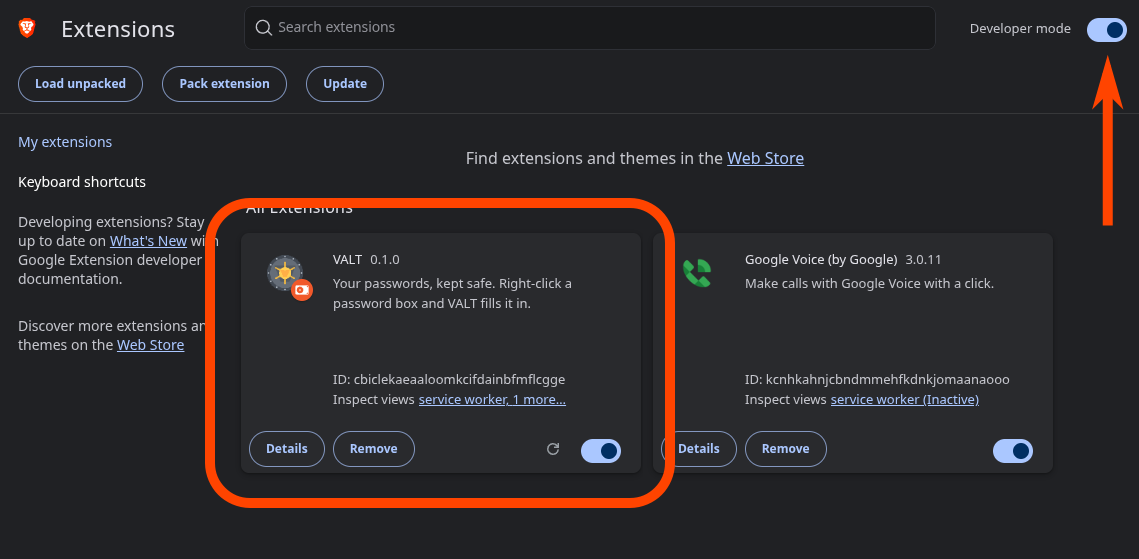 The browser's extensions page. Developer mode is turned on, top right, and VALT is listed among the installed extensions.